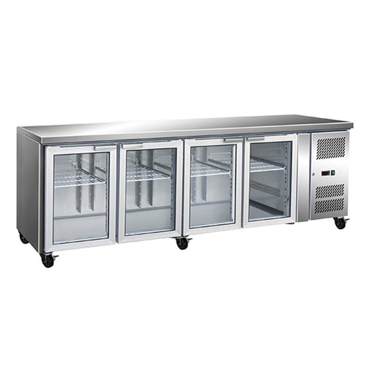 GN4100TNG - 4 Glass Door Gastronorm Bench Fridge - JDS Hospitality Equipment 