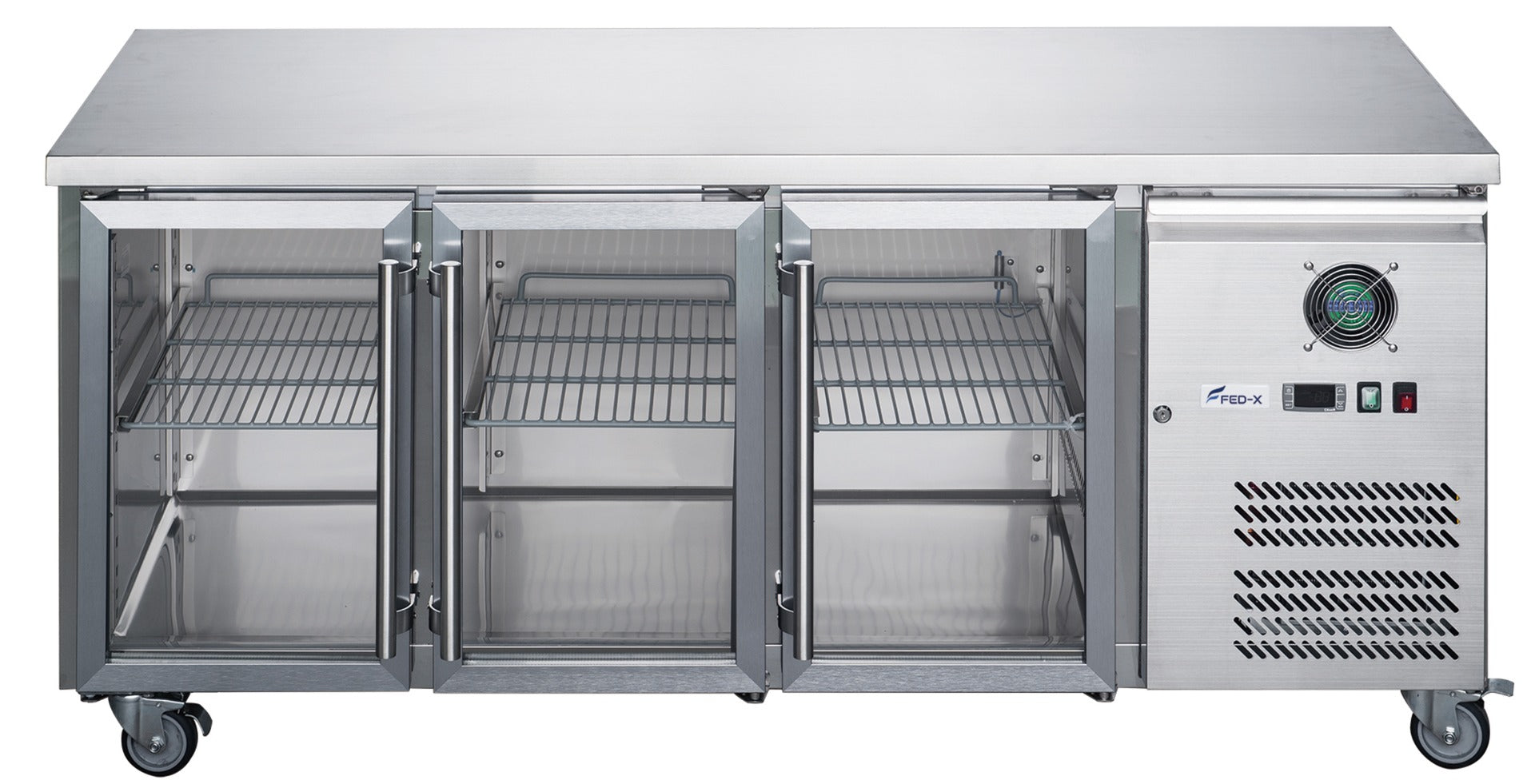 FED-X Three Glass Door Bench Fridge Stainless Steel - XUB7C18G3V - JDS Hospitality Equipment 