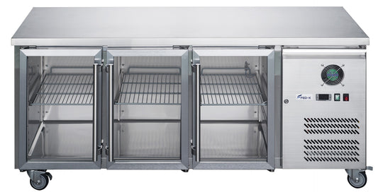 FED-X Three Glass Door Bench Fridge Stainless Steel - XUB7C18G3V - JDS Hospitality Equipment 